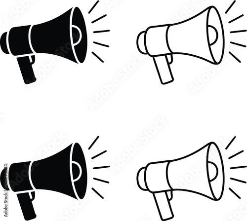A collection of black and white megaphone icons arranged in two rows