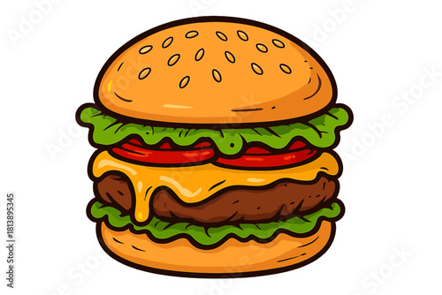 Delicious stylized hamburger with melted cheese, beef patty, fresh lettuce, and tomato slices