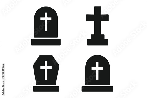 Simple black icons set featuring various gravestones, crosses, and burial markers