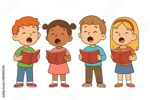 Diverse group of young children singing together from songbooks in a choir