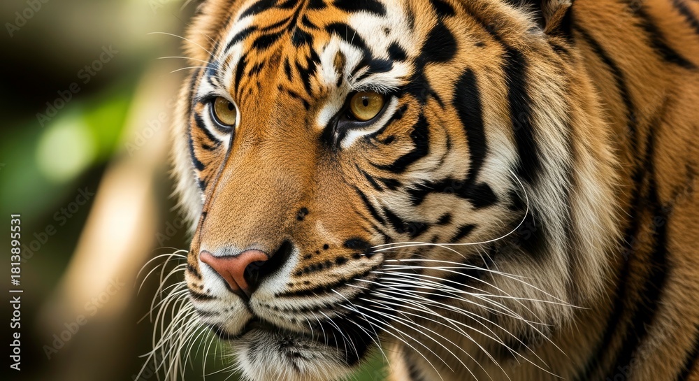 Fototapeta premium Magnificent Tiger Portrait: A close-up view of a regal tiger, its striking orange and black stripes and intense gaze evoke a sense of power and wilderness.