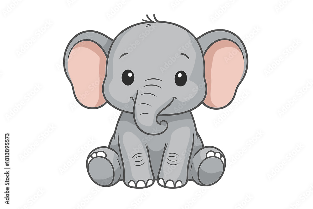 Naklejka premium Cute gray baby elephant sitting down with large ears and a smiling trunk