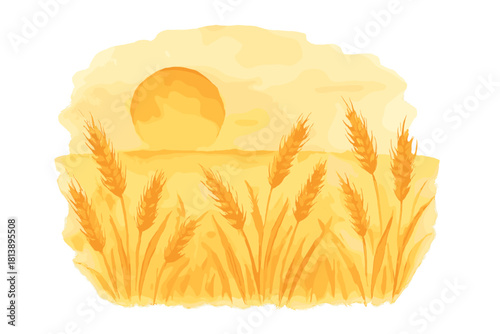Warm golden wheat field landscape with bright sun rays in soft watercolor style background