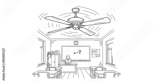 Hand drawn sketch illustration of a spinning ceiling fan.