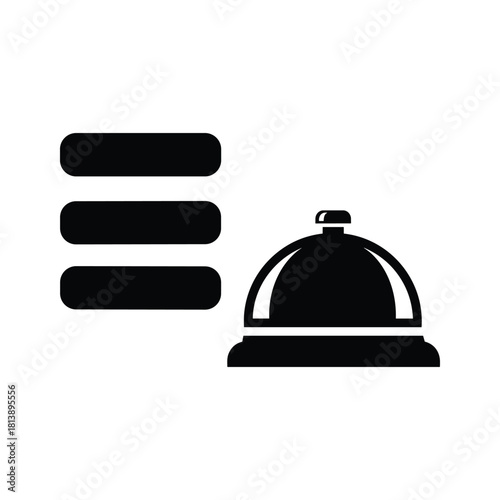Hotel reception bell and stacked documents icon isolated on