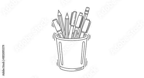 Hand drawn sketch of a pencil holder with various writing tools.
