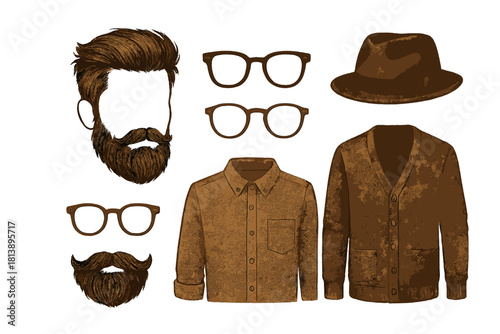 Retro gentleman fashion set with beard, mustache, glasses, hat, shirt, and cardigan
