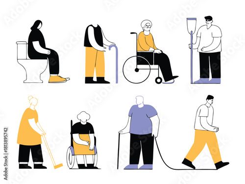 Stylized illustrations depicting people with disabilities utilizing various assistive devices and adapting to their conditions
