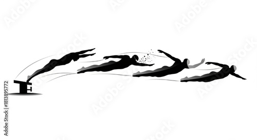 Swimmer Silhouette Vector Showing Sequential Actions — Dive Start, Mid‑Stroke, Breathing, Finish

