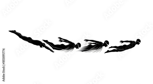 Swimmer Silhouette Vector Showing Sequential Actions — Dive Start, Mid‑Stroke, Breathing, Finish

