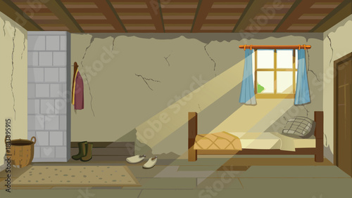 Interior of a farmer’s mud house with classic clay cooking stove vector illustration ai generated art