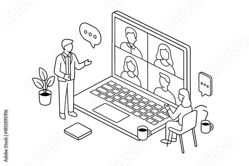 Business professionals having a virtual meeting using a large laptop computer