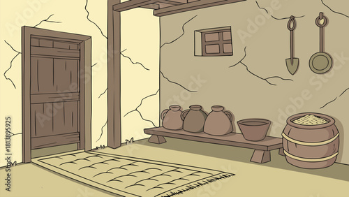 Mud-walled farmer kitchen featuring an earthen clay stove vector illustration ai generated art