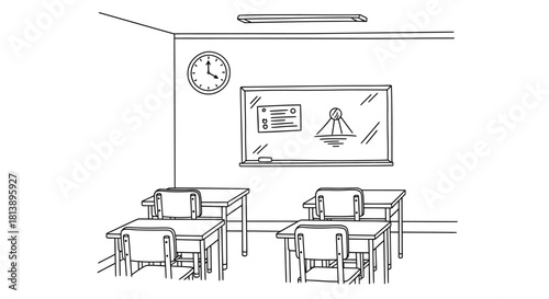 Hand drawn sketch of an empty school classroom interior.