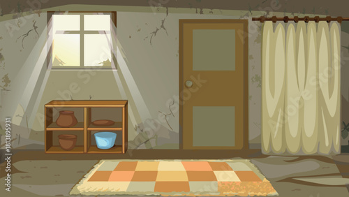 Inside a simple mud home kitchen using a clay stove vector illustration ai generated art