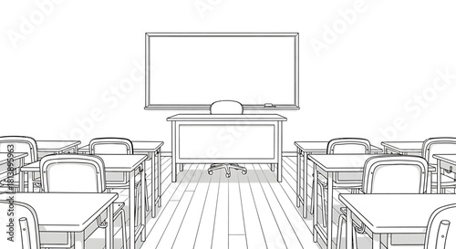 Hand drawn sketch of an empty school classroom interior view.