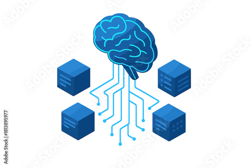 Digital brain connected to data servers representing artificial intelligence and neural networks
