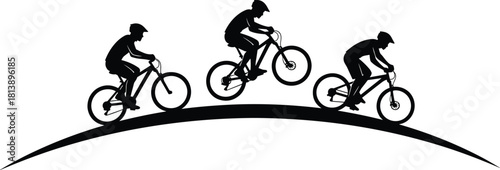 Mountain Bikers Silhouette Vector, Extreme Sport Athletes Riding Jump Trail, Cyclists Performing Stunts, Outdoor Adventure Graphic
