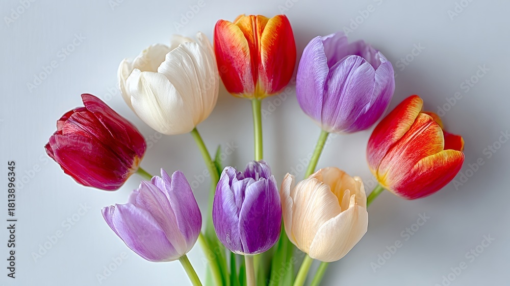 Fototapeta premium Colorful bouquet of tulips in various shades, arranged beautifully on a light background, showcasing the vibrant petals and natural beauty of spring flowers in a delightful composition