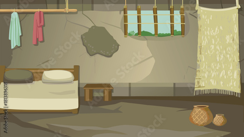 Rustic kitchen inside a farmer’s mud house with clay cooking stove vector illustration ai generated art