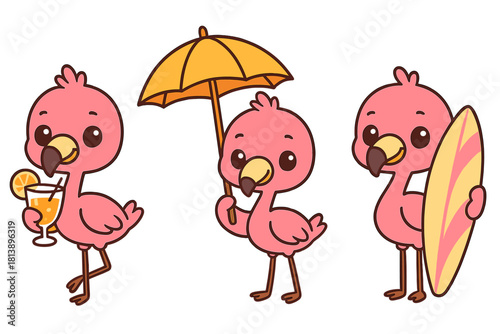 Cute cartoon flamingos enjoying summer vacation with a surfboard, umbrella, and cocktail drink