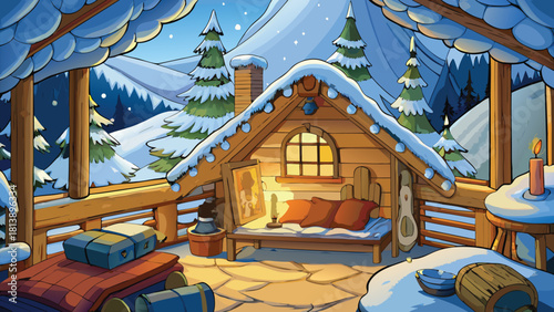Inside a snowy mountain cottage warm bed vector illustration ai generated art