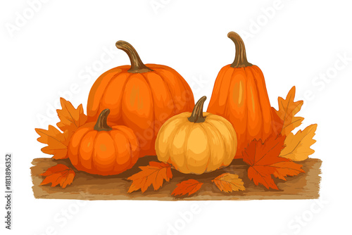 Orange and yellow pumpkins with colorful autumn leaves on a rustic wooden plank