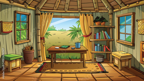 Old-fashioned cartoon study room featuring a rustic wooden shelf vector illustration ai generated art
