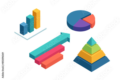 Isometric infographic set with bar chart, pie graph, and layered pyramid diagram