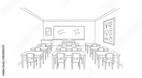 Empty Classroom Interior with Desks and Chairs Ready for Students.