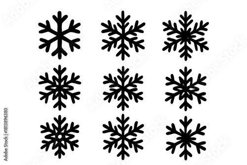 Collection of nine different simple black snowflake icons for winter design elements