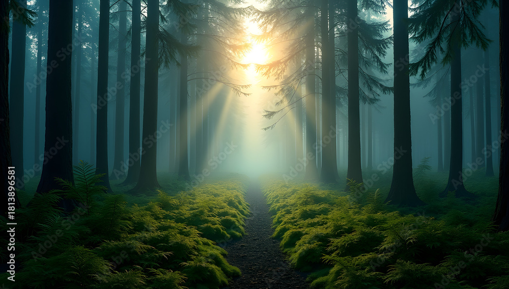 Obraz premium Enchanted Forest Path with Dramatic Sun Rays and Morning Mist
