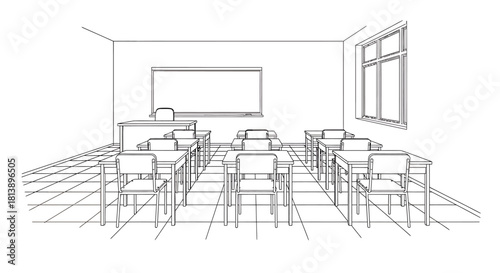 Empty Classroom Sketch with Desks and Whiteboard.