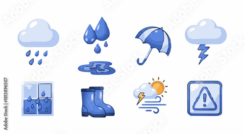 Vector illustration set of weather symbols for rain, storm, and meteorological forecast concepts