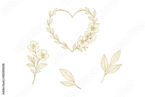 Delicate botanical elements set with heart-shaped floral wreath and separate flower sprigs