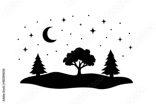 Night sky silhouette with crescent moon and shining stars above forest trees