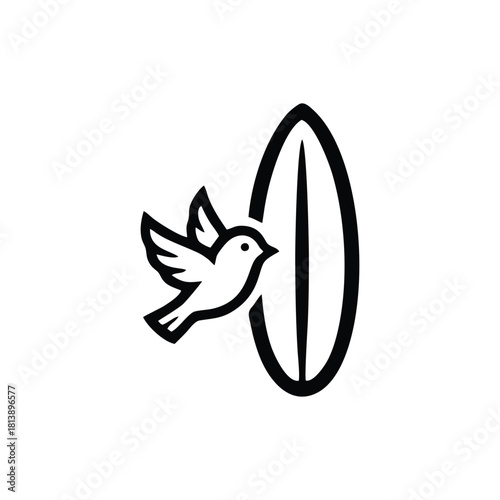 Surfboard and Bird Icon: Surfing, Ocean, Beach Life, Nature, and Freedom Symbol
