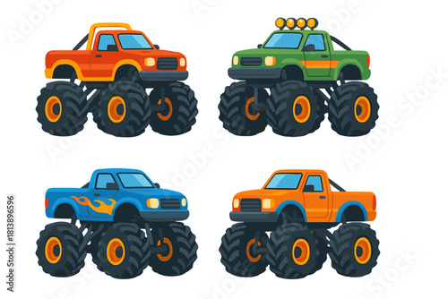 Set of four colorful cartoon monster trucks with massive tires ready for off-road racing