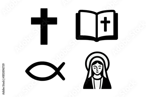 Essential Christian religious symbols collection: cross, Bible, Ichthys fish, and Virgin Mary icon