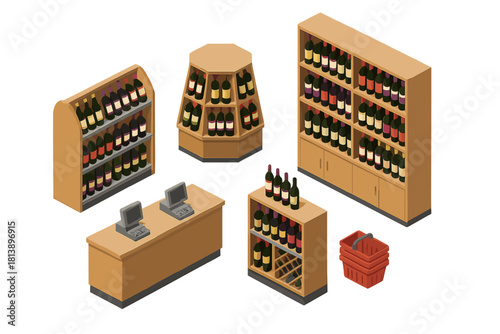 Isometric wine store interior elements including shelves, liquor bottles, and counter