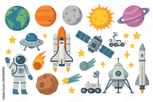 Cartoon space exploration set with planets, astronaut, shuttle, satellite, and lunar rover