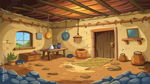 Inside a rural mud house kitchen with an old clay stove vector illustration ai generated art