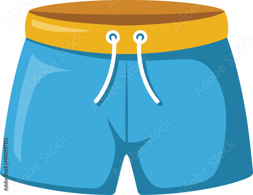 A colorful illustration of blue swimming trunks with a yellow waistband