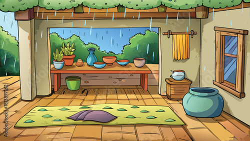 Simple farmer kitchen inside a mud home with clay stove fire vector illustration ai generated art