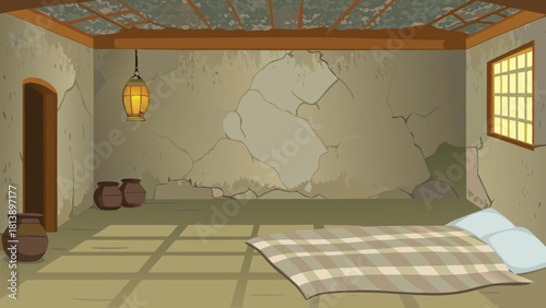 Mud house kitchen interior featuring a handmade clay stove vector illustration ai generated art