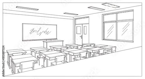 Empty Classroom with Desks and Whiteboard Ready for Learning.