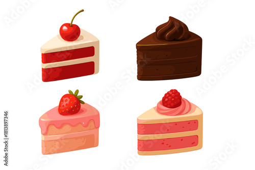 Assortment of four dessert cake slices featuring cherry, strawberry, raspberry, and chocolate toppings