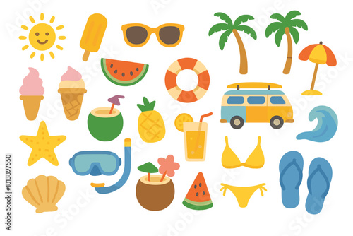 Cute collection of summer beach vacation essentials like ice cream, palm trees, and flip flops