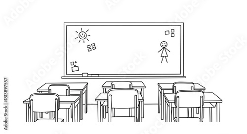 Empty Classroom with Desks Chairs and Whiteboard Drawing.