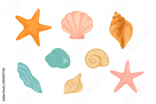 Colorful seashells and starfish collection in watercolor style isolated on white